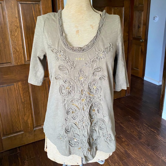 Anthropologie Tops - Anthropologie Olive Green Embellished Tee - Medium